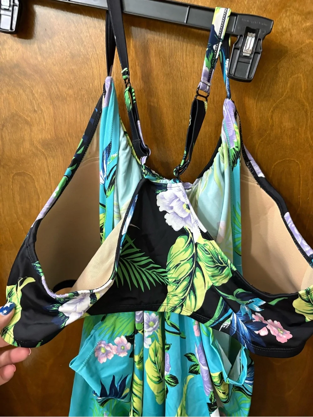 Cacique Turquoise Floral Halter Swim Dress with Black Trim